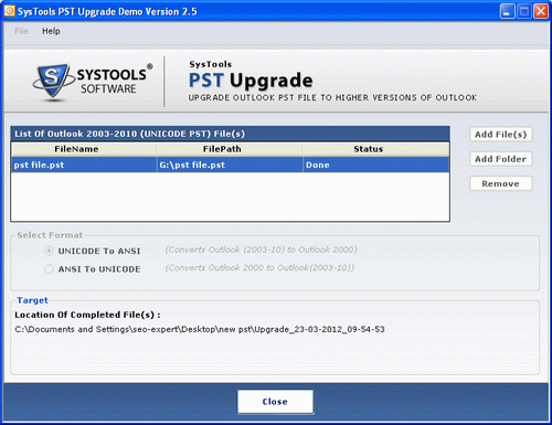 Convert Outlook PST to Outlook 2003 or ANSI PST to UNICODE PST with PST Upgrade